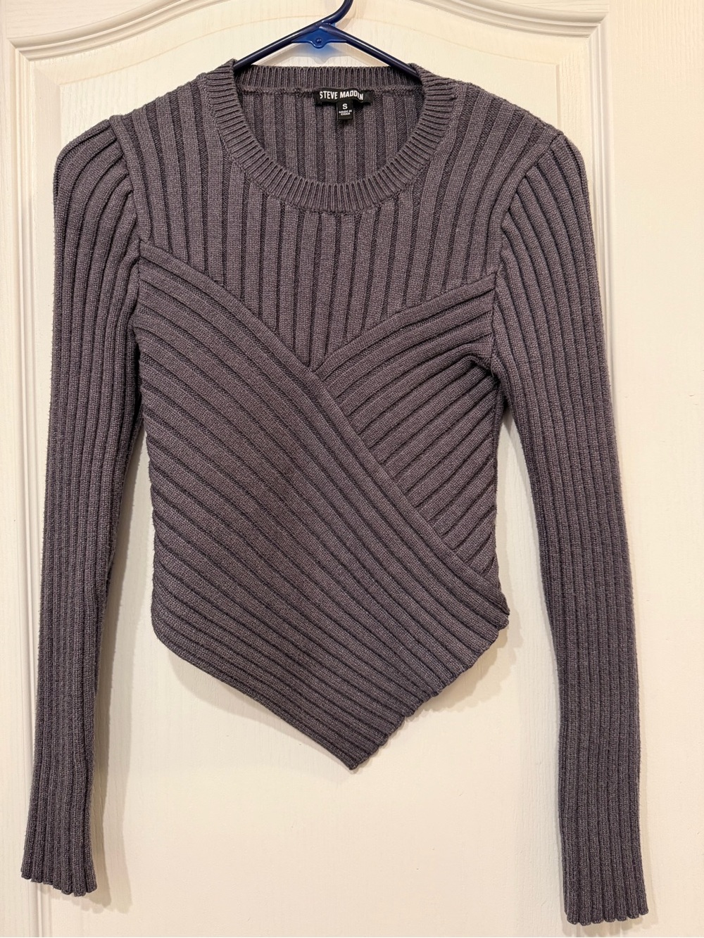 Steve Madden Gray Ribbed Asymmetric Crew Sweater